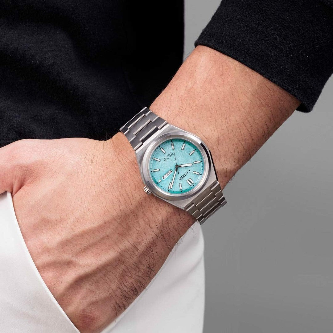 Citizen Zenshin Men Automatic Light Blue Dial Analog Stainless Steel Watch AW0130-85M