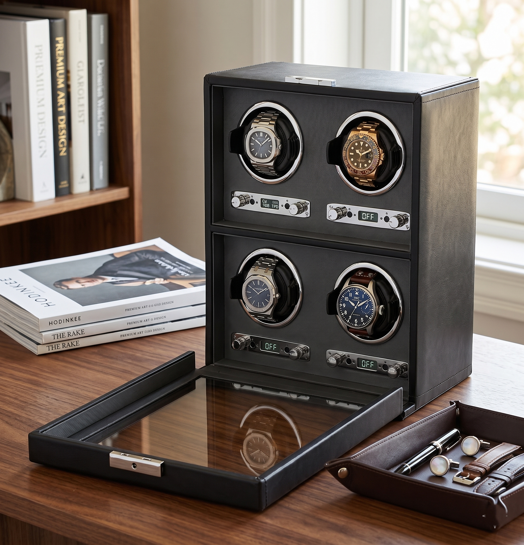 Luxury 4 Slot Watch Winder for Automatic Watches – Silent Japanese Motor with LED Display & Premium Leather Finish – Black