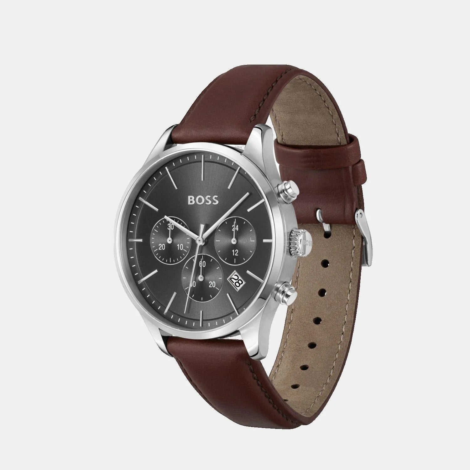 Boss Avery Men's Quartz Grey Dial Chronograph Brown Leather Watch 1514155