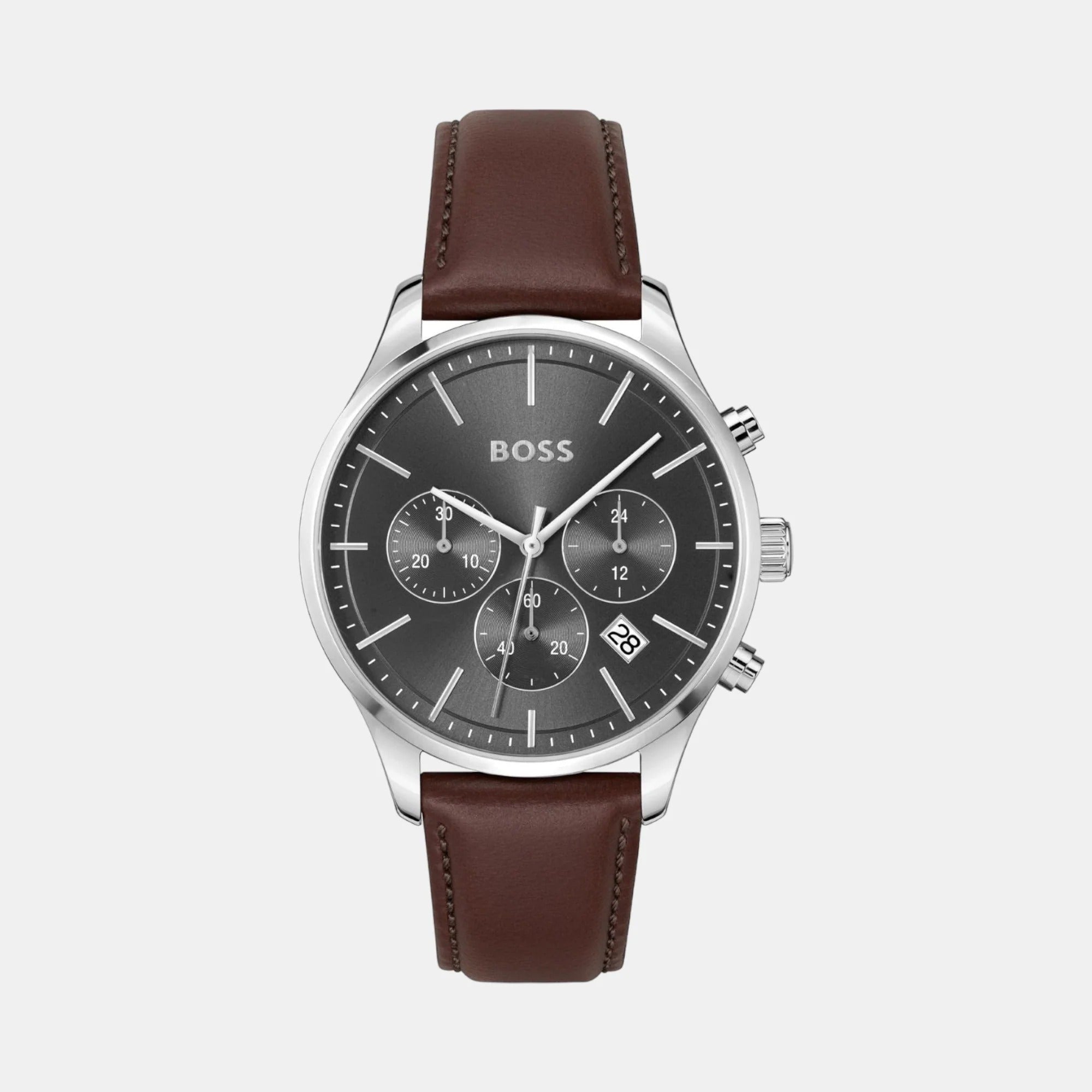 Boss Avery Men's Quartz Grey Dial Chronograph Brown Leather Watch 1514155