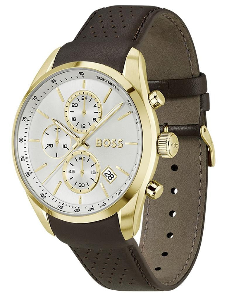 Boss Grand Prix 44 Men's Quartz Silver & White Dial Chronograph Leather Watch 1514225