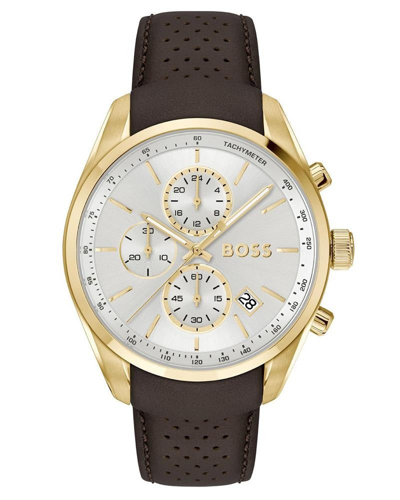 Boss Grand Prix 44 Men's Quartz Silver & White Dial Chronograph Leather Watch 1514225