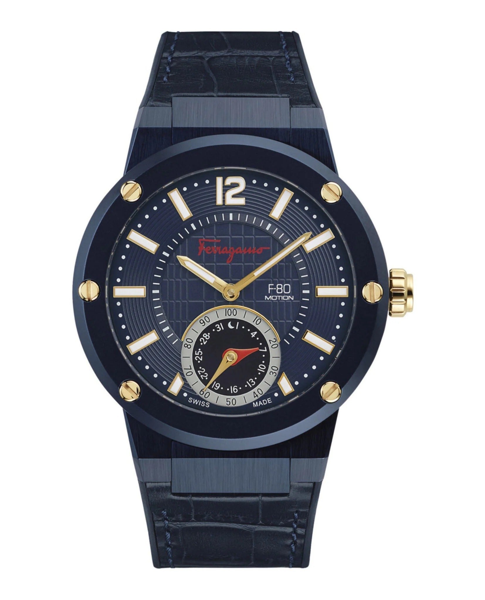 Salvatore Ferragamo F-80 Quartz Men's Watch Blue Dial Black Leather Strap Swiss Made FAZ010016