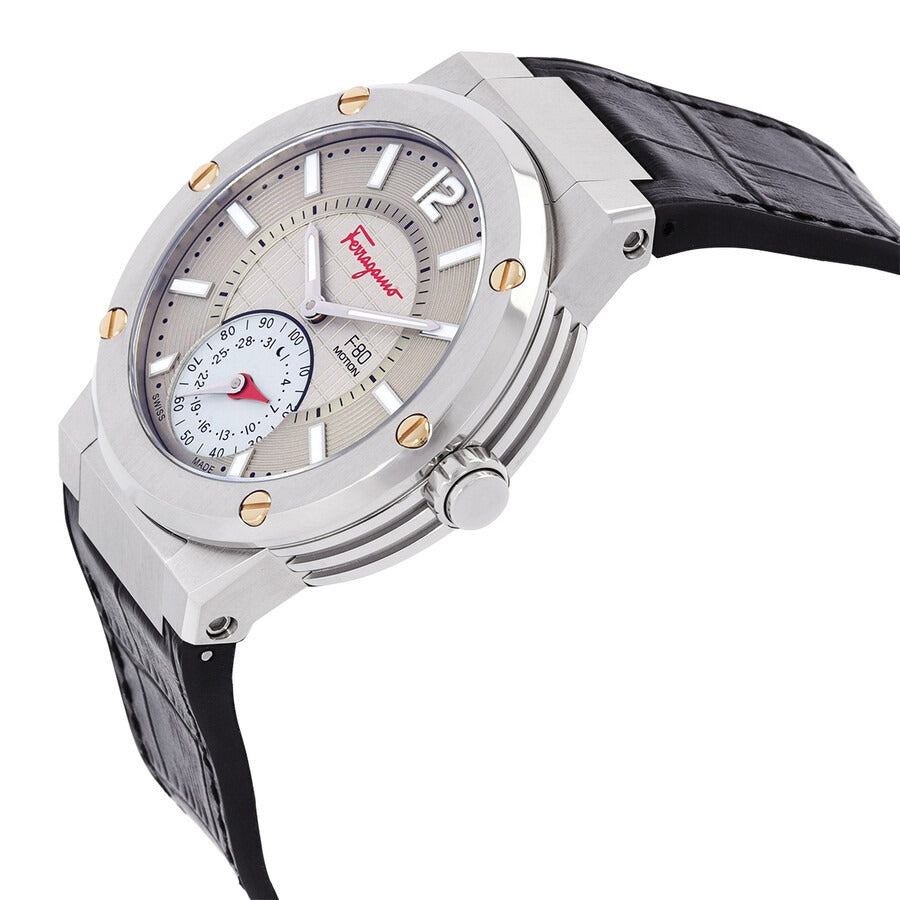 Salvatore Ferragamo F-80  Motion Quartz Men's Watch Gray Dial Black Leather Strap Swiss Made FAZ040017