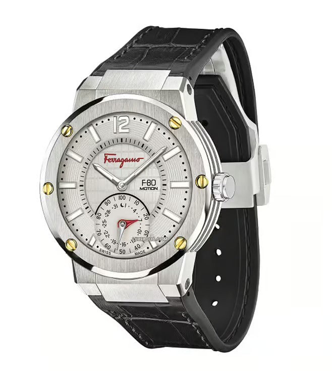 Salvatore Ferragamo F-80  Motion Quartz Men's Watch Gray Dial Black Leather Strap Swiss Made FAZ040017
