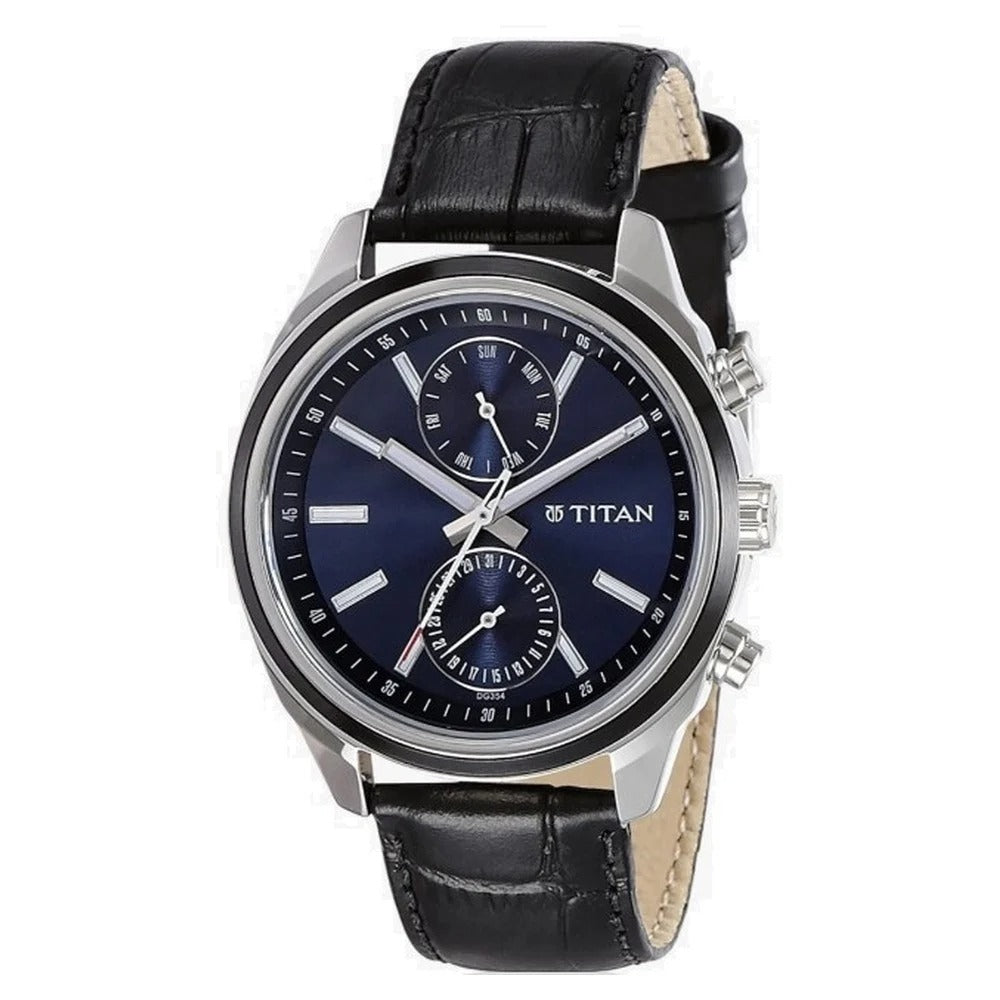 Titan Men's Midnight Precision: Multifunction Blue Dial with Classic Leather Strap Watch - NU1733KL01