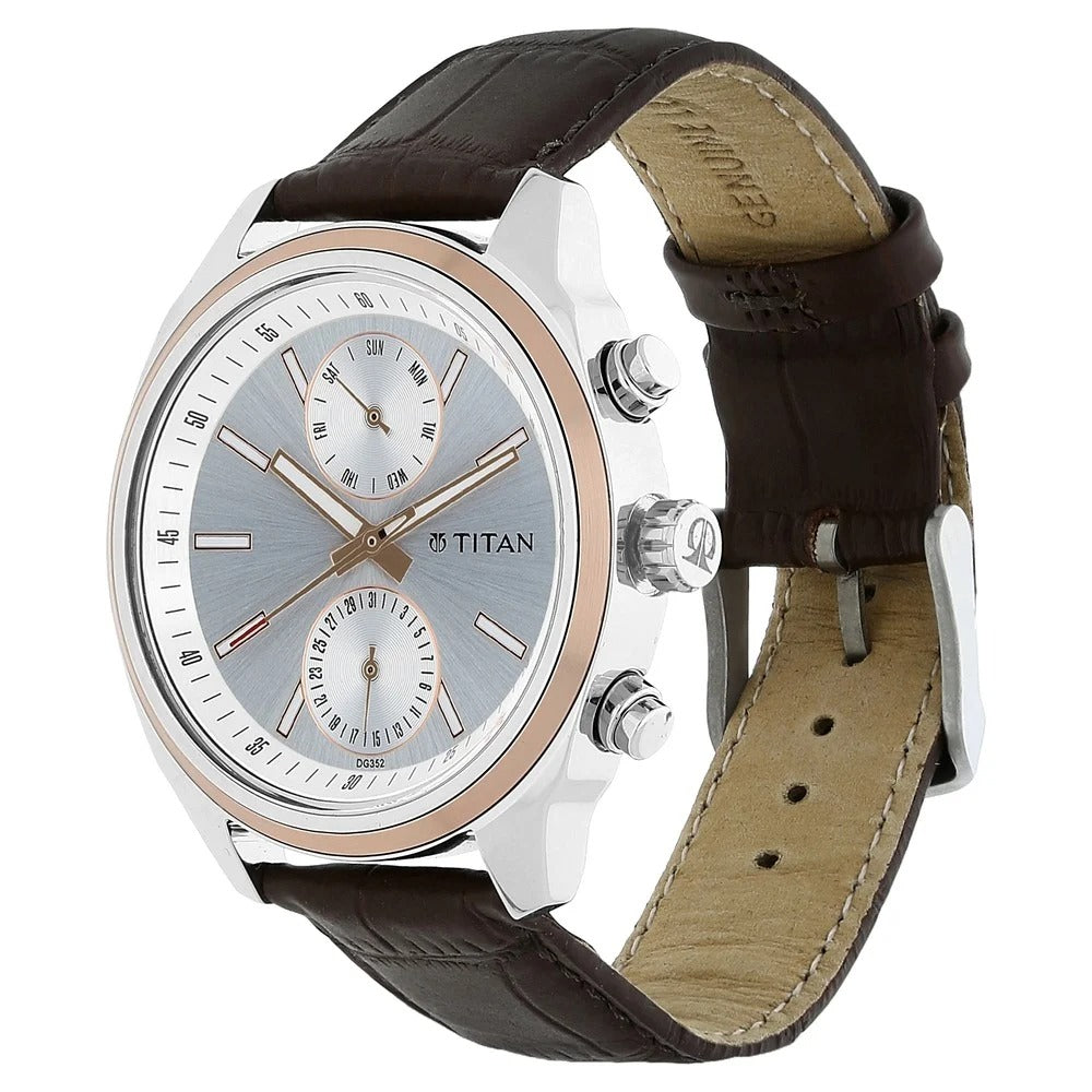 Titan Quartz Multifunction Silver Dial Leather Strap Watch for Men - NU1733KL02