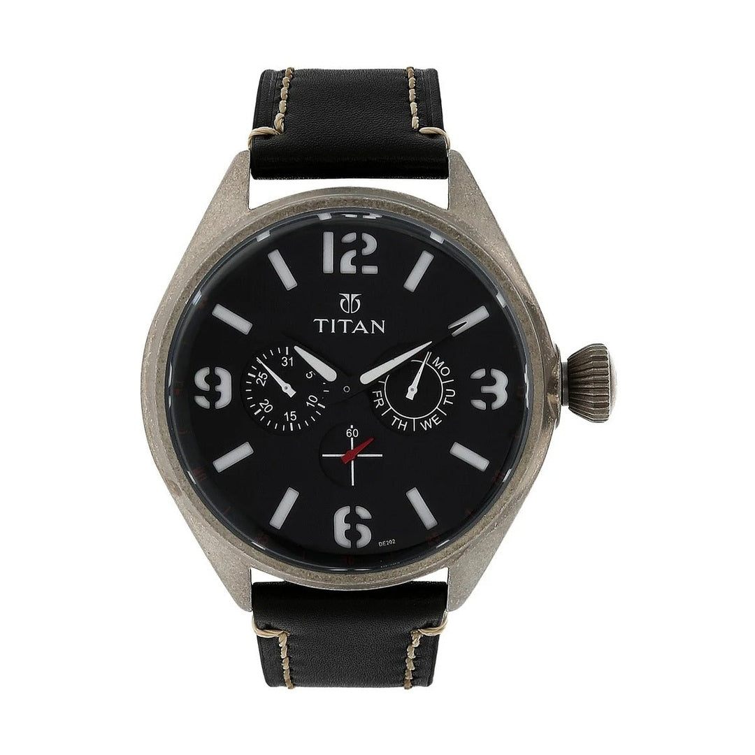 Titan Analog Black Dial with Date Leather Strap Watch for Men - 9478QL01J