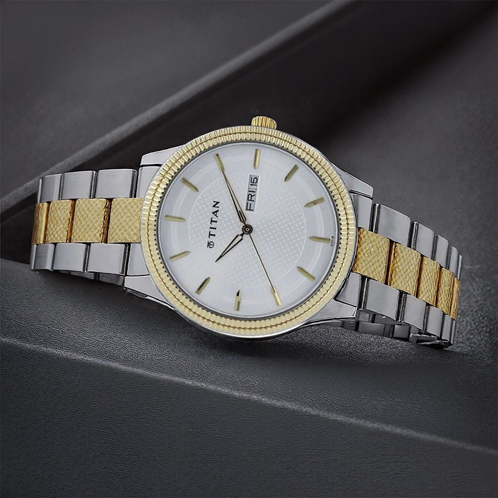 Titan Quartz Analog with Day and Date Silver Dial Two Toned Stainless Steel Strap Watch For Men - NU1650BM03