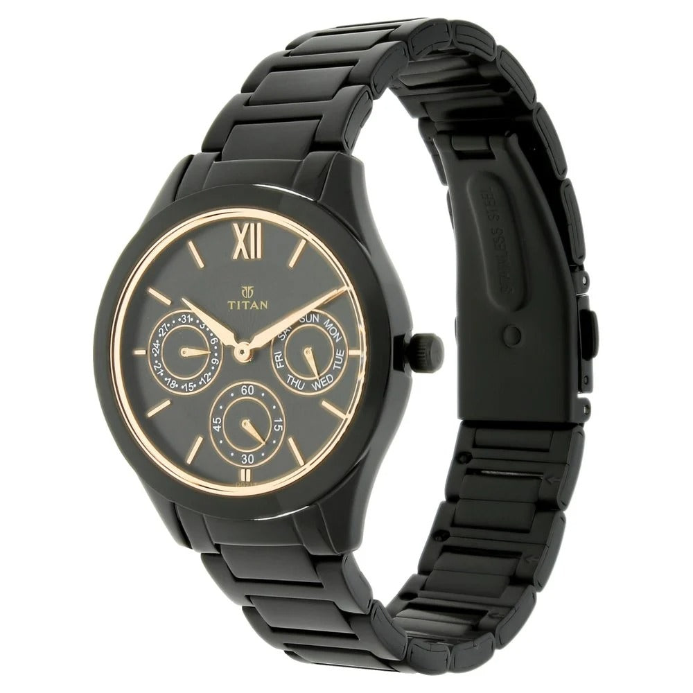 Titan Quartz Analog with Day and Date Black Dial Stainless Steel Strap Watch for Women - NT2570NM01