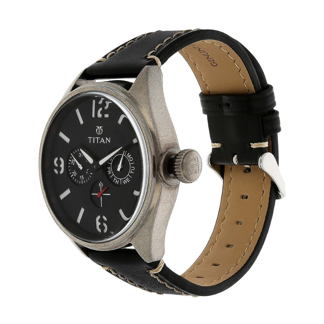 Titan Analog Black Dial with Date Leather Strap Watch for Men - 9478QL01J