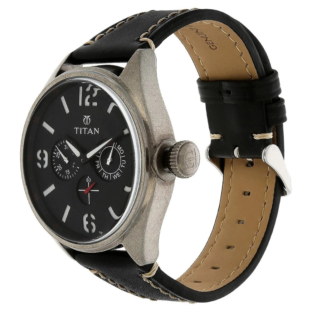 Titan Analog Black Dial with Date Leather Strap Watch for Men - 9478QL01J