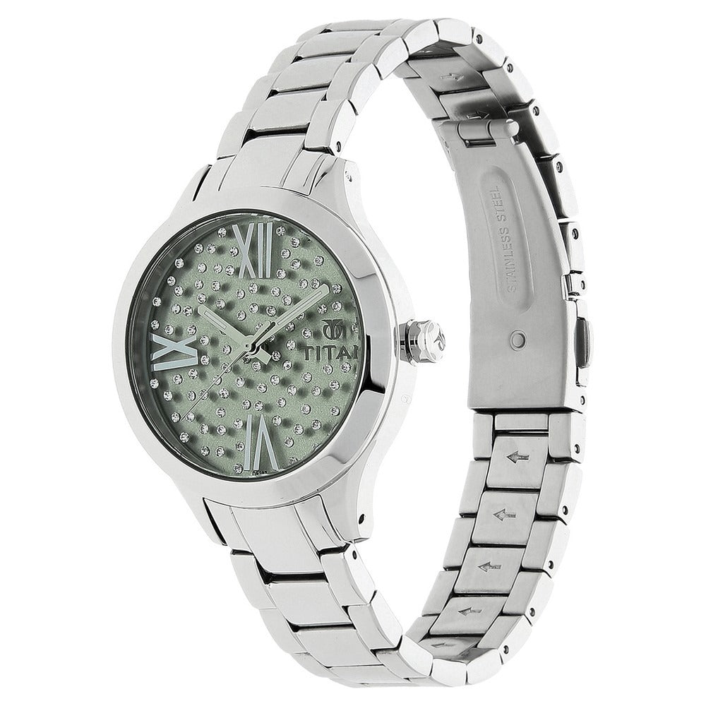 Titan Quartz Analog Green Dial Stainless Steel Strap Watch for Women - 95027SM03J