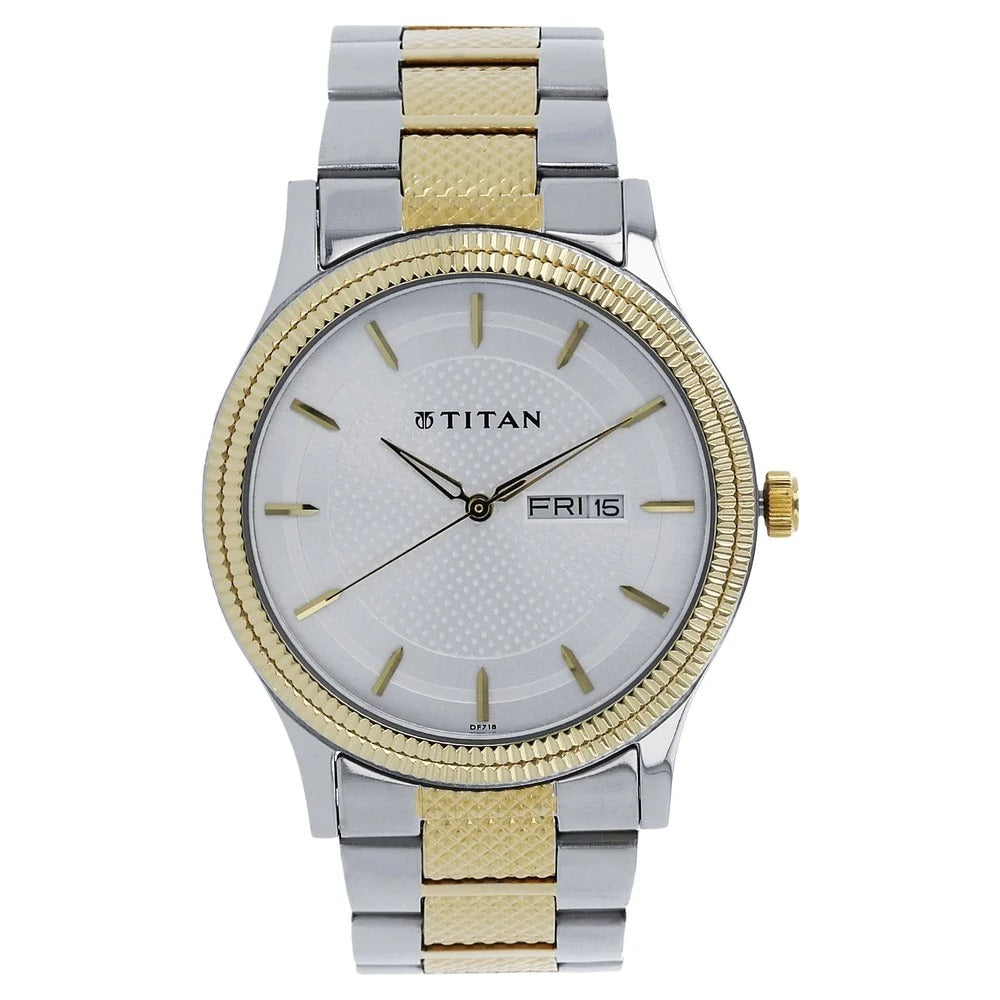 Titan Quartz Analog with Day and Date Silver Dial Two Toned Stainless Steel Strap Watch For Men - NU1650BM03