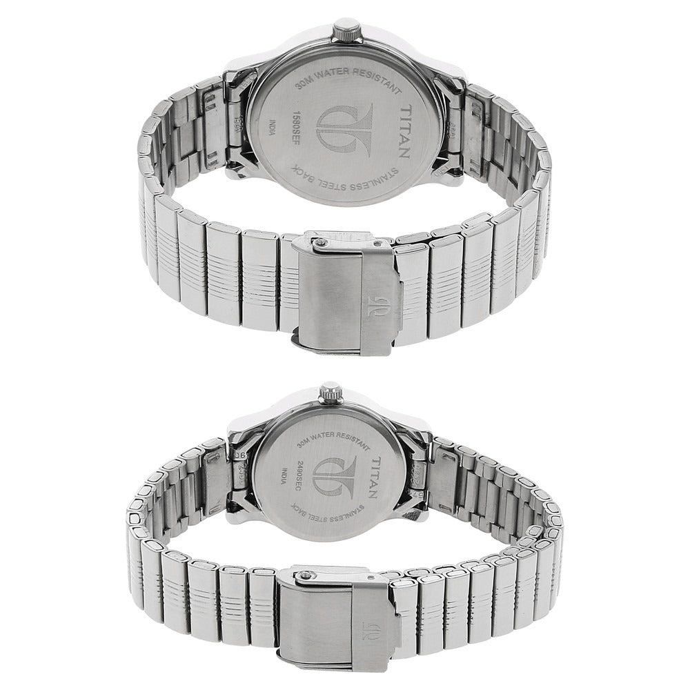 Titan Quartz Analog with Day and Date Silver Dial Stainless Steel Strap Watch for Couple - NU15802490SM03