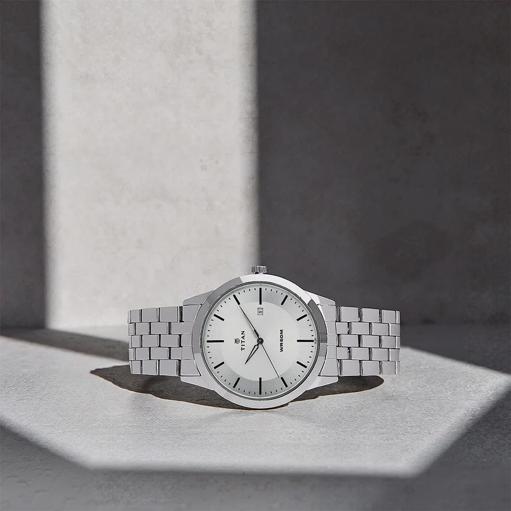 Titan Quartz Analog with Date White Dial Stainless Steel Strap Watch for Men - NU1584SM03