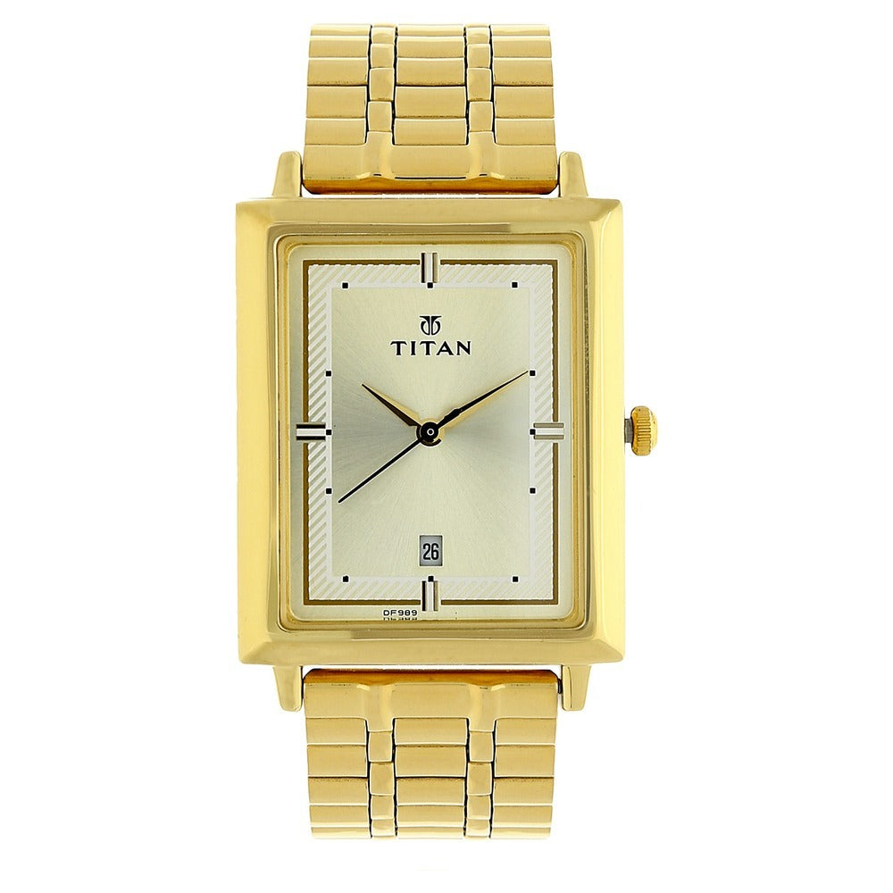 Titan Quartz Analog with Date Champagne Dial Golden Stainless Steel Strap Rectangular Shaped Watch For Men - NU1715YM02