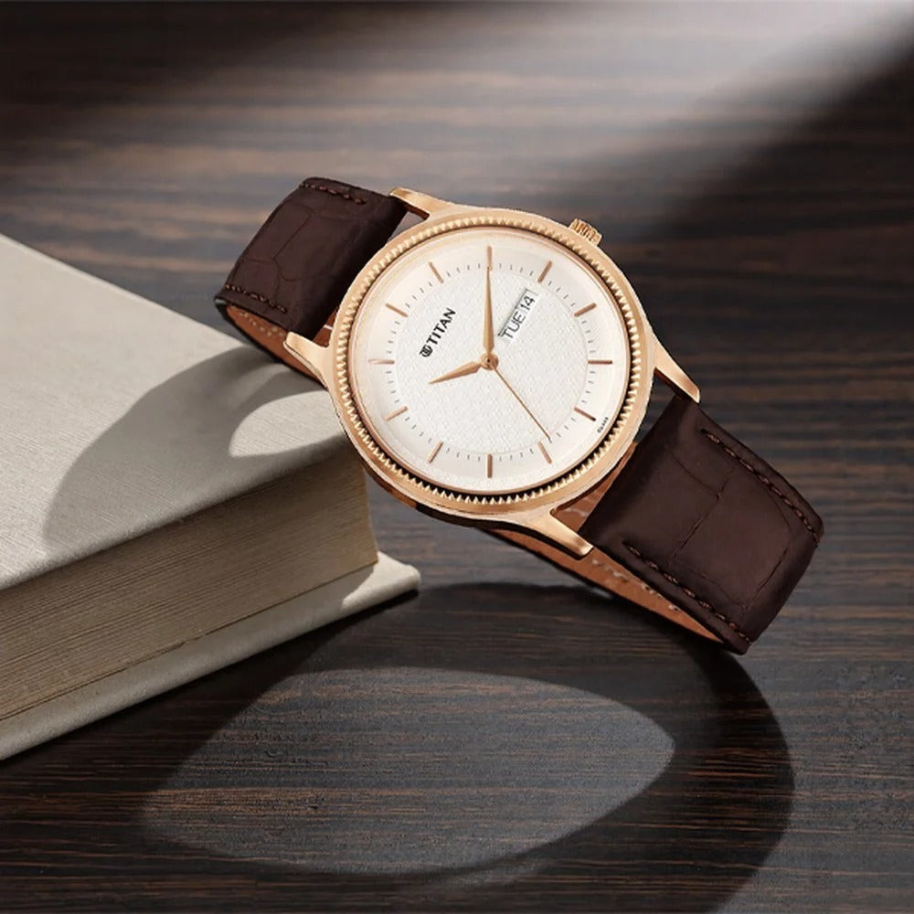 Titan Karishma Quartz Analog with Day and Date Silver Dial Leather Strap Watch For Men - NU1824WL03