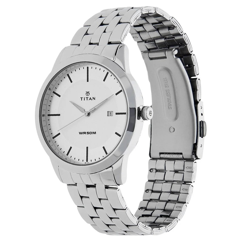 Titan Quartz Analog with Date White Dial Stainless Steel Strap Watch for Men - NU1584SM03