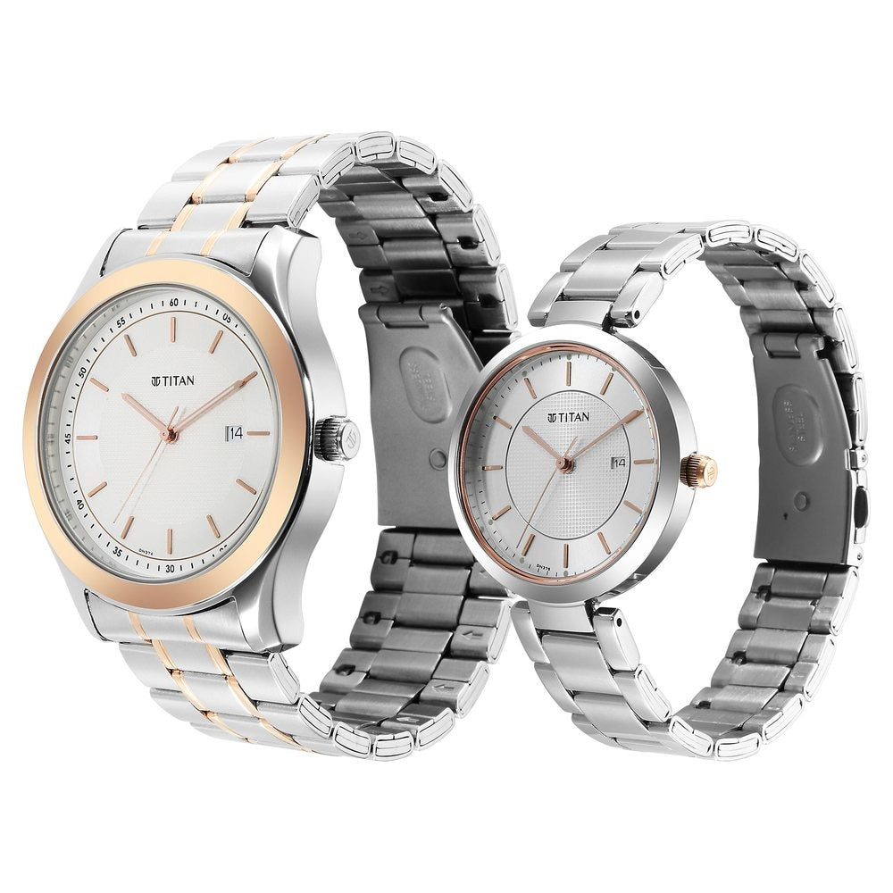 Titan Bandhan White Dial Analog with Date Stainless Steel Strap Watch for Couple - NS16272480KM01P