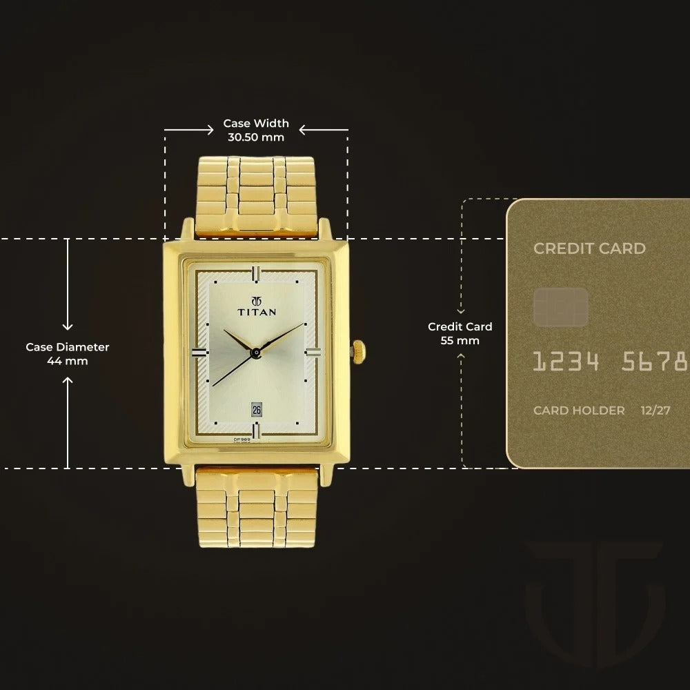 Titan Quartz Analog with Date Champagne Dial Golden Stainless Steel Strap Rectangular Shaped Watch For Men - NU1715YM02