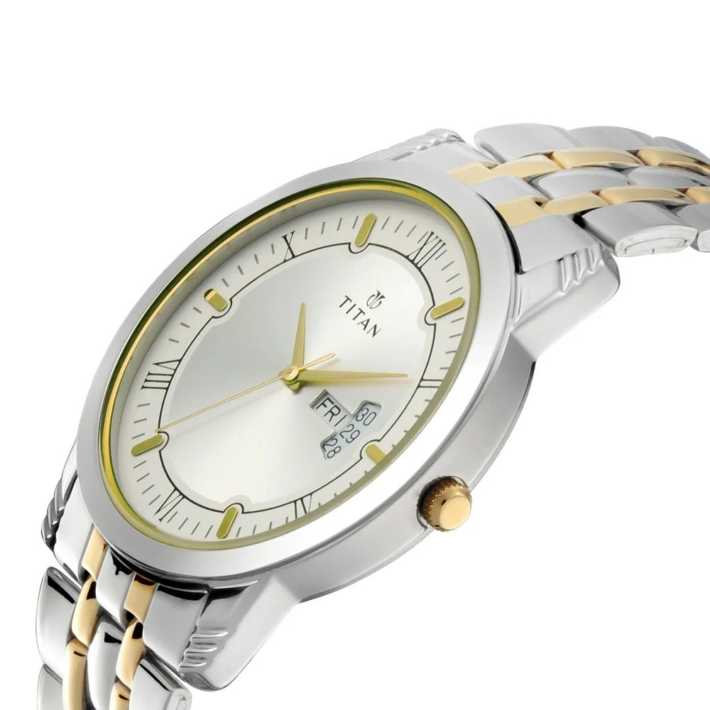 Titan Bandhan Quartz Analog with Day and Date Silver Dial Stainless Steel Strap Watch for Couple - NU17742565BM01