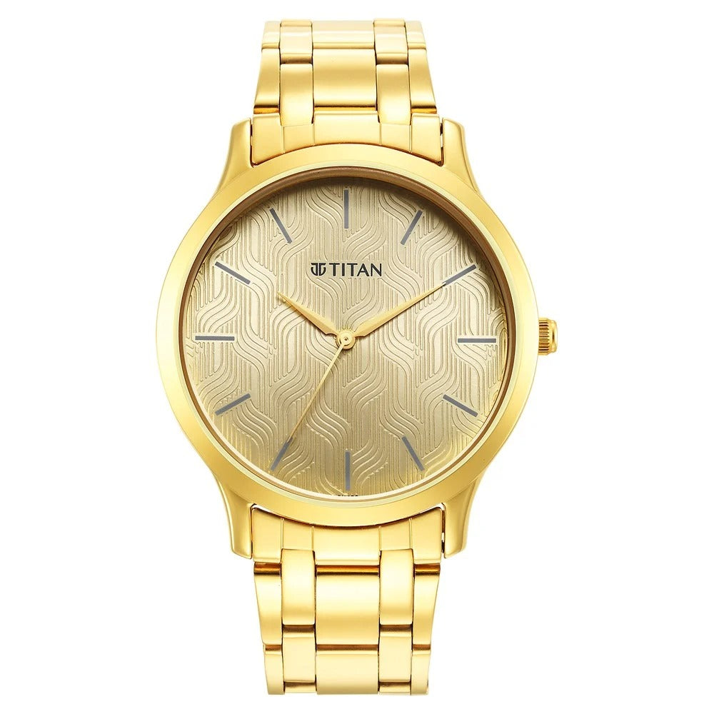 Titan Karishma Quartz Analog Champagne Round Dial Golden Stainless Steel Strap Watch For Men - NU1825YM03