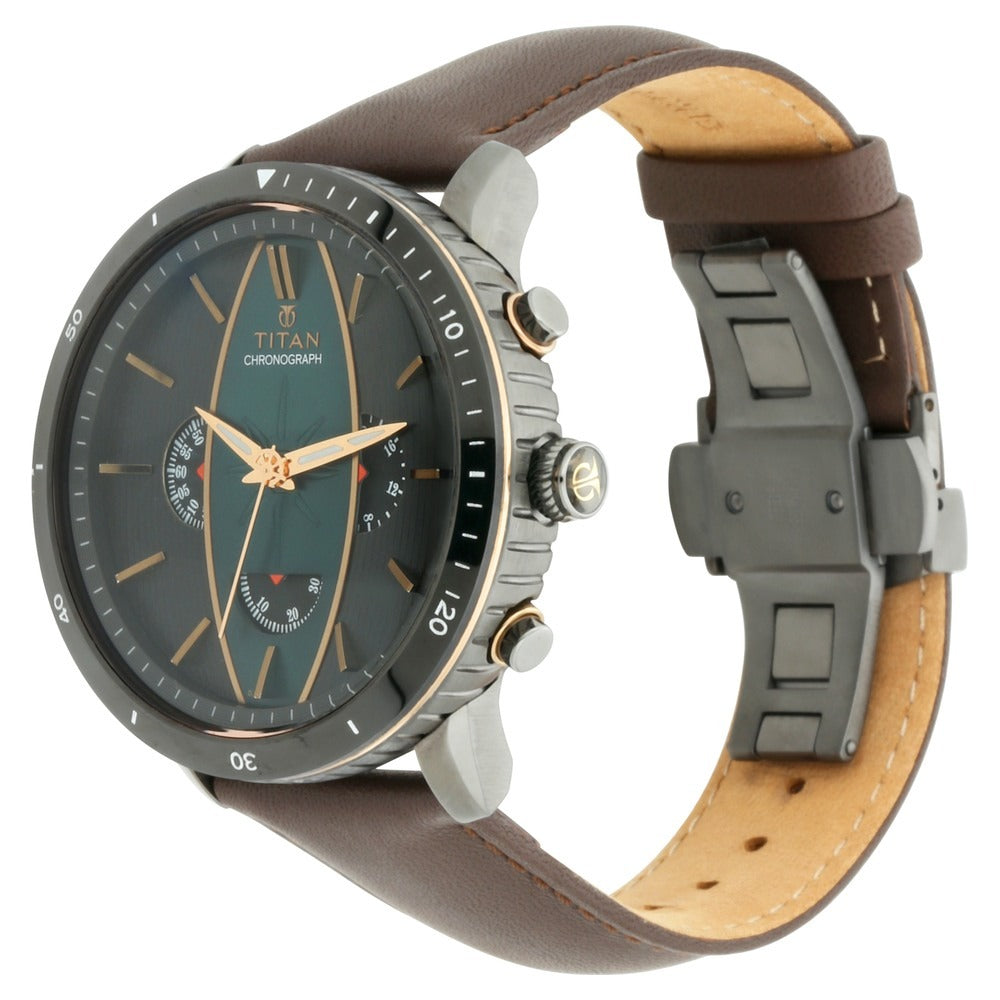 Titan Quartz Chronograph Green Dial Leather Strap Watch for Men - NQ1832KL01