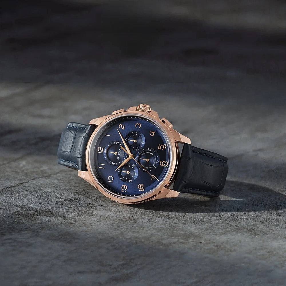 Titan Classic Chrono Blue Dial Leather Watch for Men - NU90169WL01