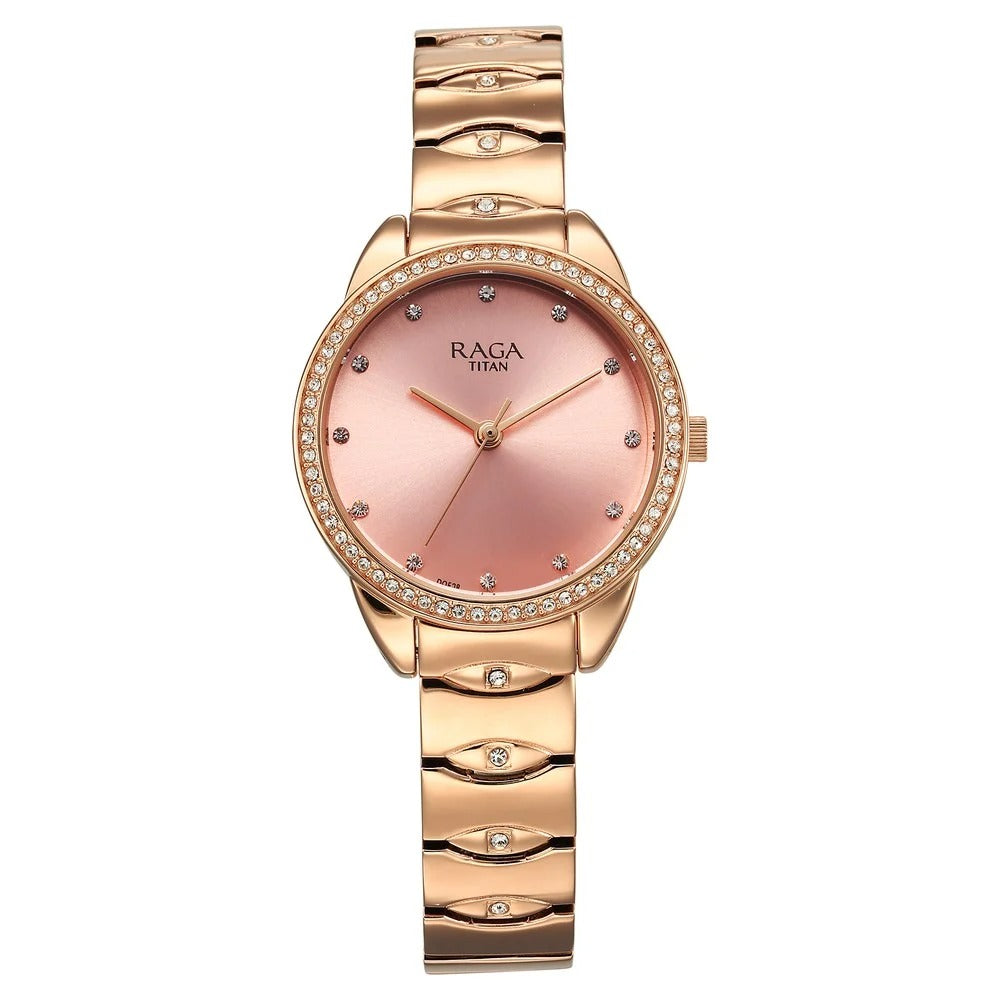 Titan Raga Showstopper Quartz Analog Pink Round Dial Rose Gold Metal Strap Watch For Women - NU95281WM01
