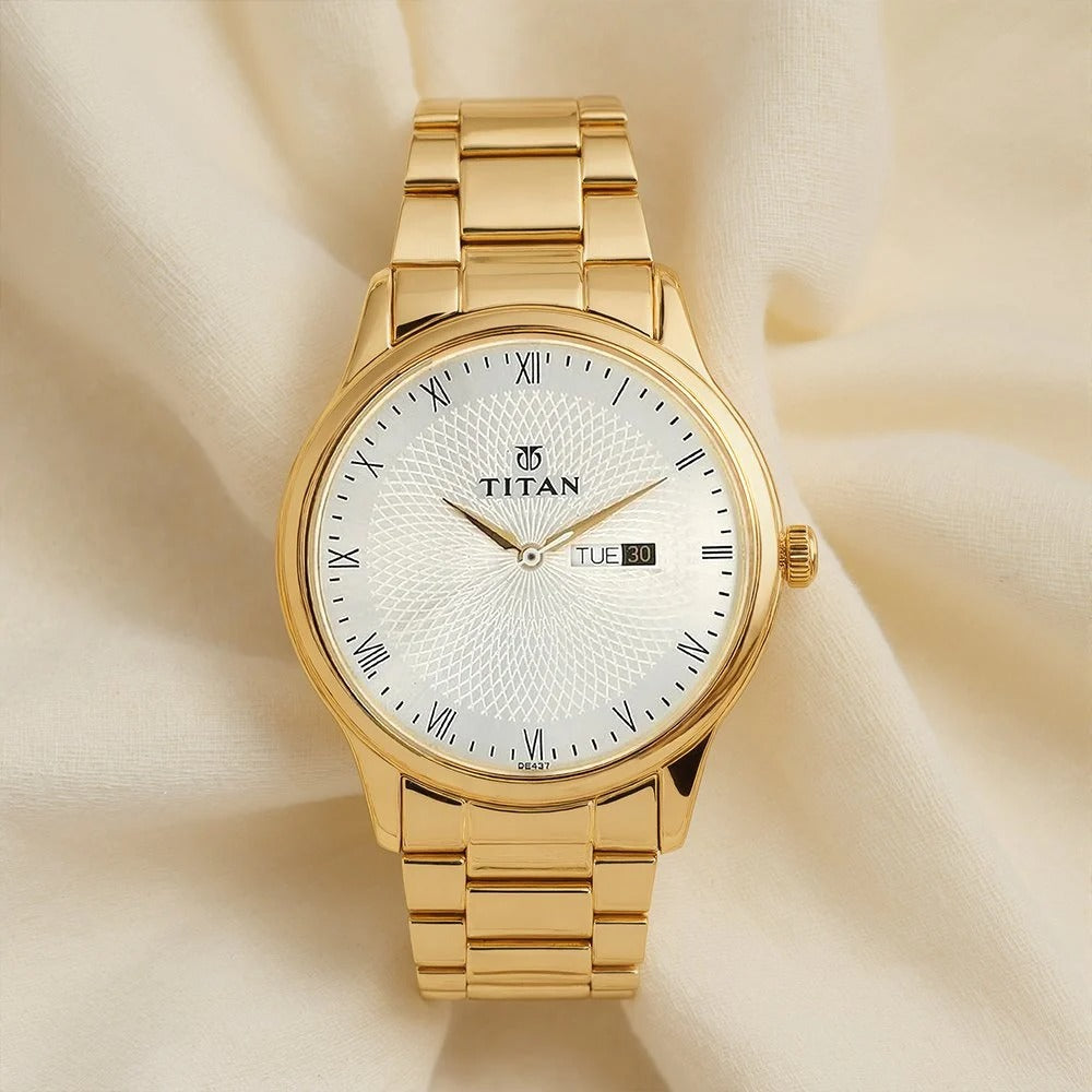 Titan Quartz Analog with Day and Date Silver Round Dial Golden Stainless Steel Strap Watch For Men - NU1584YM02