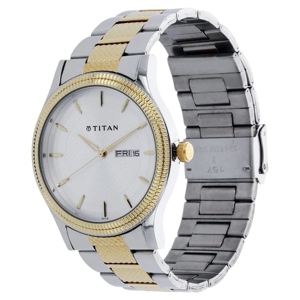Titan Quartz Analog with Day and Date Silver Dial Two Toned Stainless Steel Strap Watch For Men - NU1650BM03