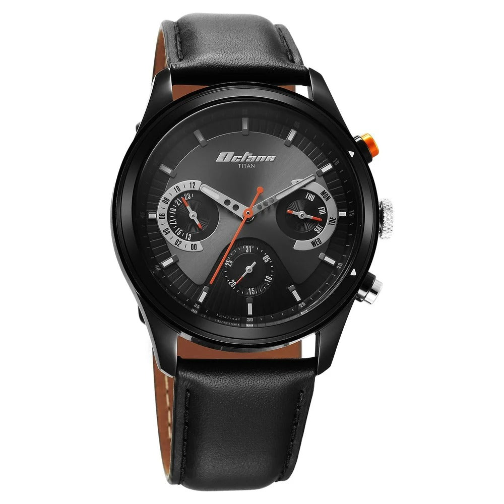Titan Octane Quartz Multifunction Black Dial With Black Leather Strap Watch For Men - NU1805KL02