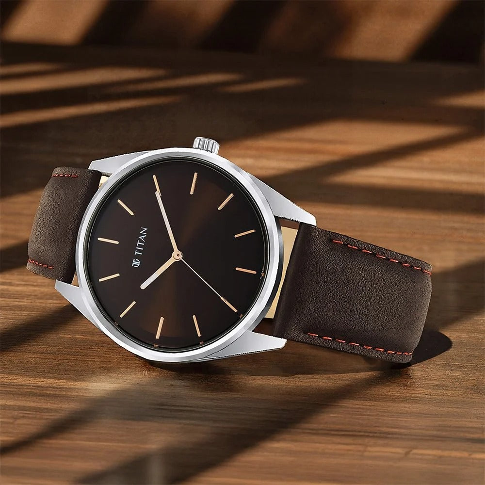 Titan Workwear Brown Dial Analog Leather Strap Watch Men - NU1866SL02