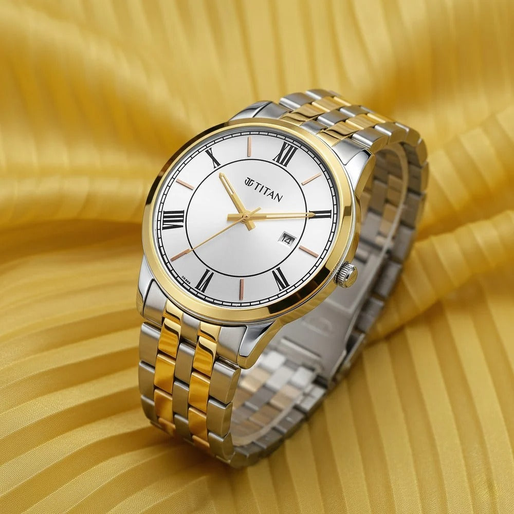 Titan Karishma Festive Analog with Silver Dial Dual Tone Stainless Steel Strap Watch for Men - 10060BM01