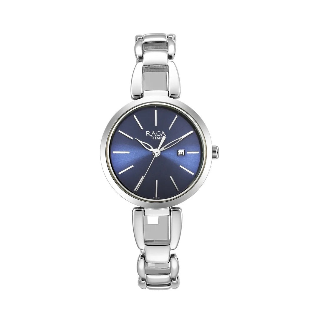 Titan Raga Viva Blue Dial Analog with Date Silver Metal Strap Watch for Women - NU2642SM02