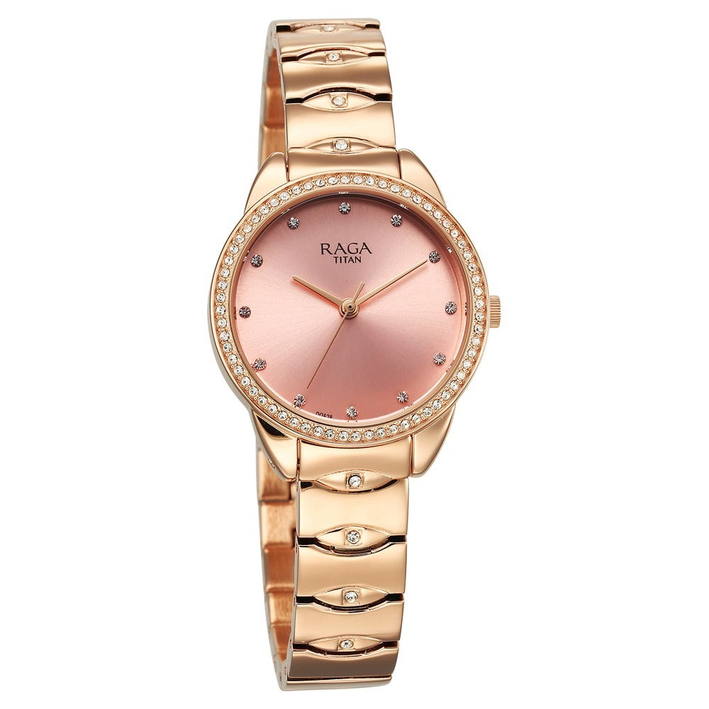 Titan Raga Showstopper Quartz Analog Pink Round Dial Rose Gold Metal Strap Watch For Women - NU95281WM01