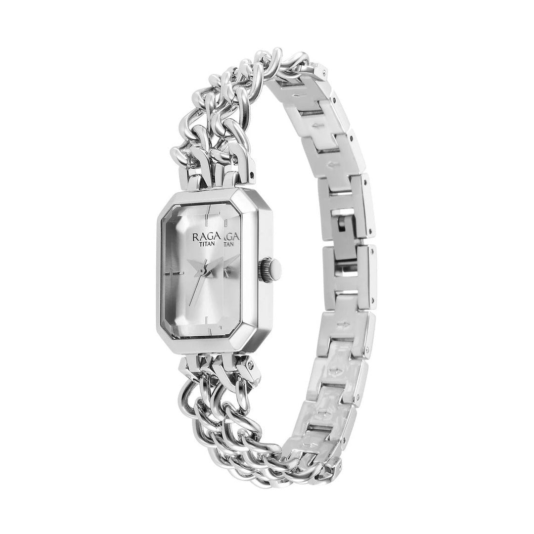 Titan Raga Showstopper Quartz Analog Silver Dial Silver Metal Strap Rectangular Shaped Watch For Women - NU95283SM01