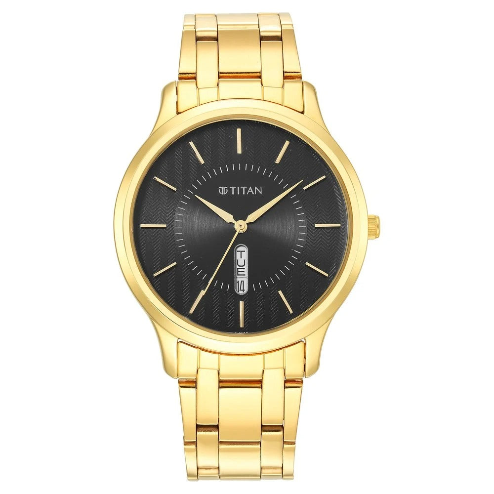 Titan Karishma Quartz Analog with Day and Date Black Dial Golden Stainless Steel Strap Watch For Men - NU1825YM02