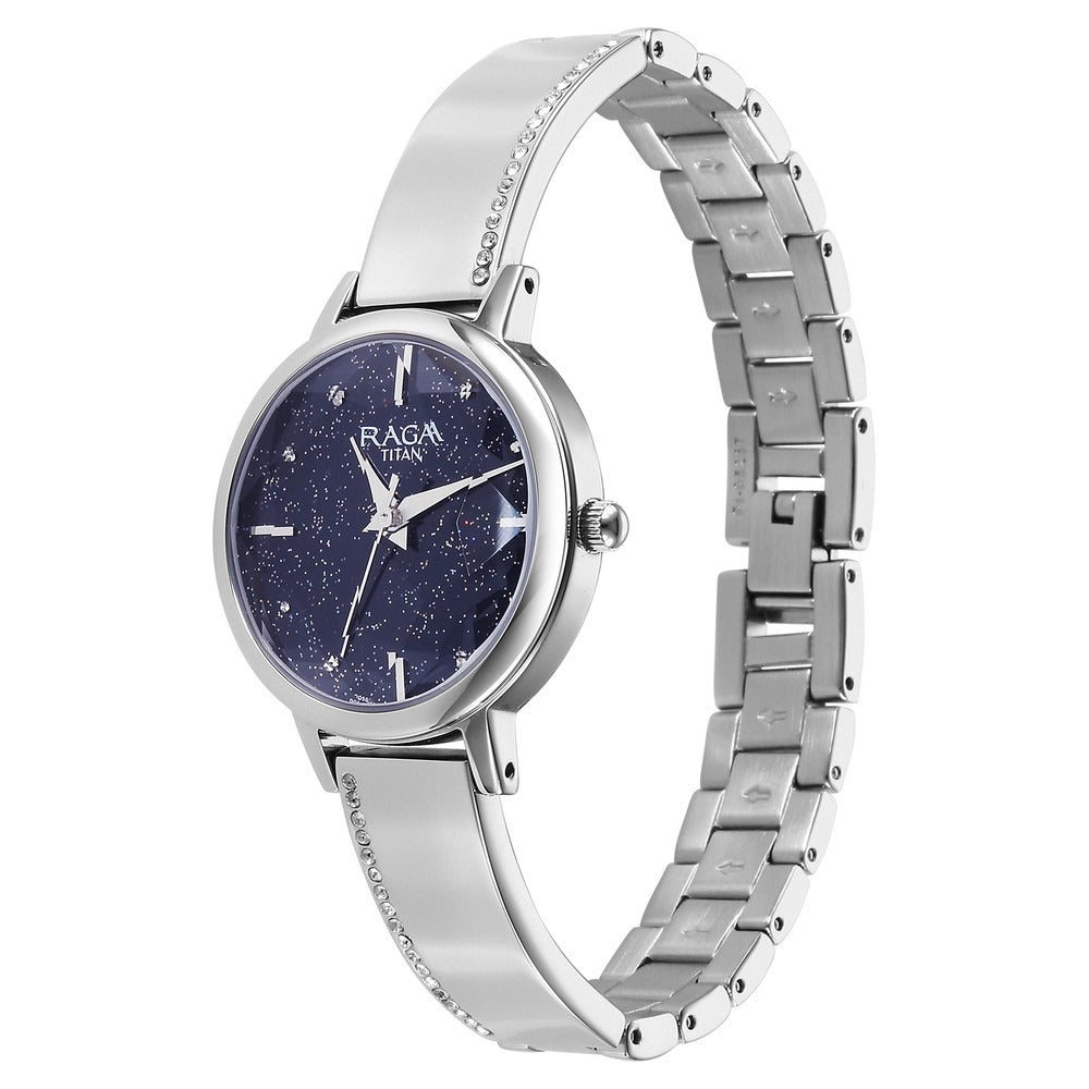 Titan Raga Showstopper Quartz Analog Blue Dial Silver Metal Strap Watch For Women - NU95267SM01