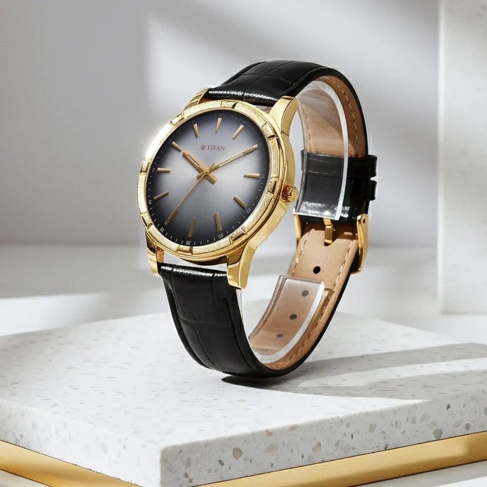 Titan Karishma Festive Analog with Silver Dial Black Leather Strap Watch for Men - 10058YL03