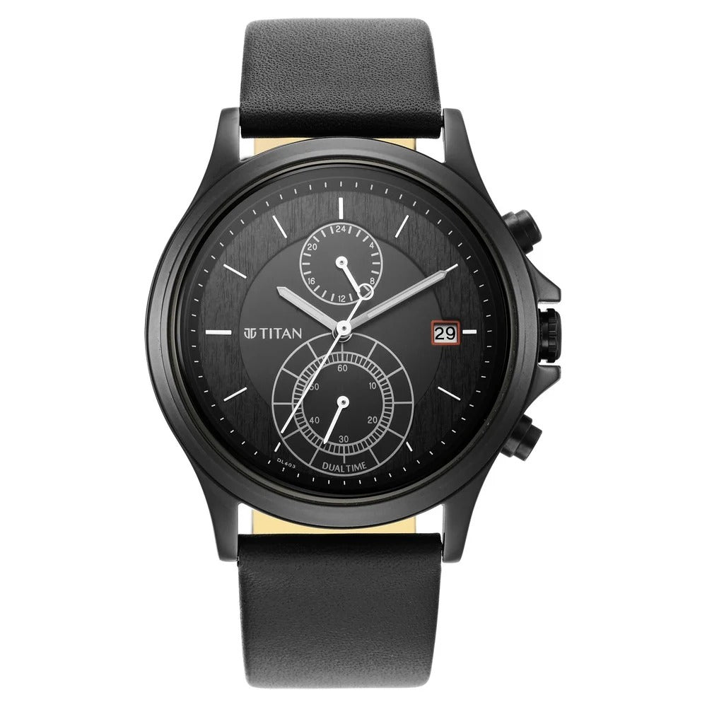Titan Workwear Black Dial Dual Time Leather Strap watch for Men - NU1870NL01