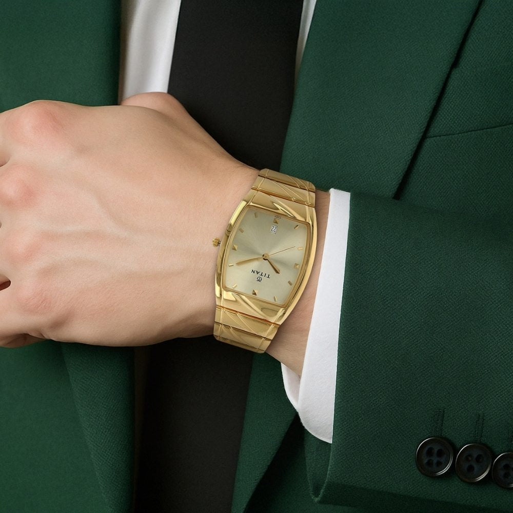 Titan Rectangle Champagne Dial Analog with Date Stainless Steel Strap watch for Men - NU9315YM02