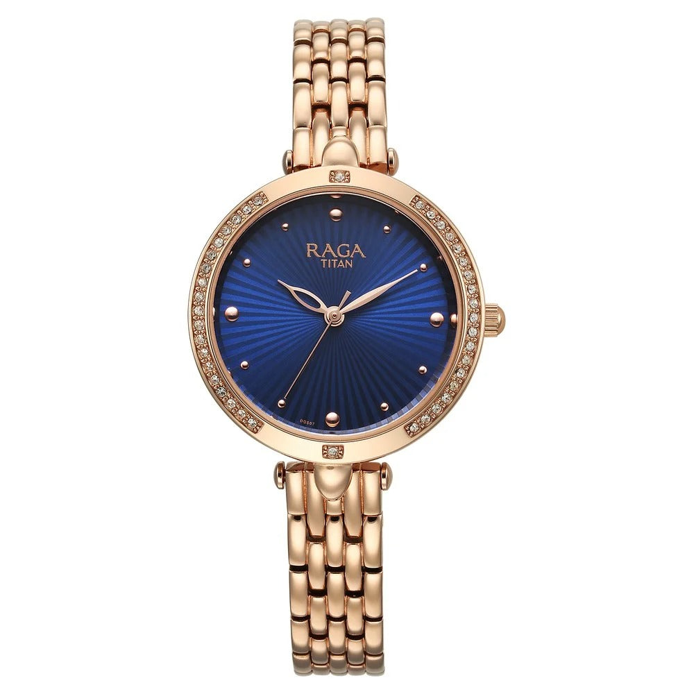Titan Raga Showstopper Quartz Analog Blue Dial Rose Gold Metal Strap Watch For Women - NU95266WM01