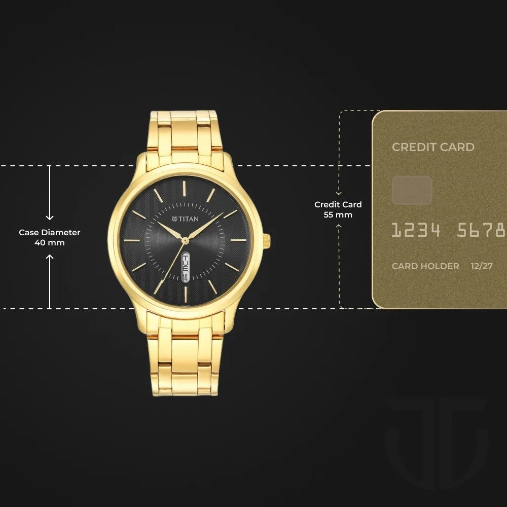 Titan Karishma Quartz Analog with Day and Date Black Dial Golden Stainless Steel Strap Watch For Men - NU1825YM02