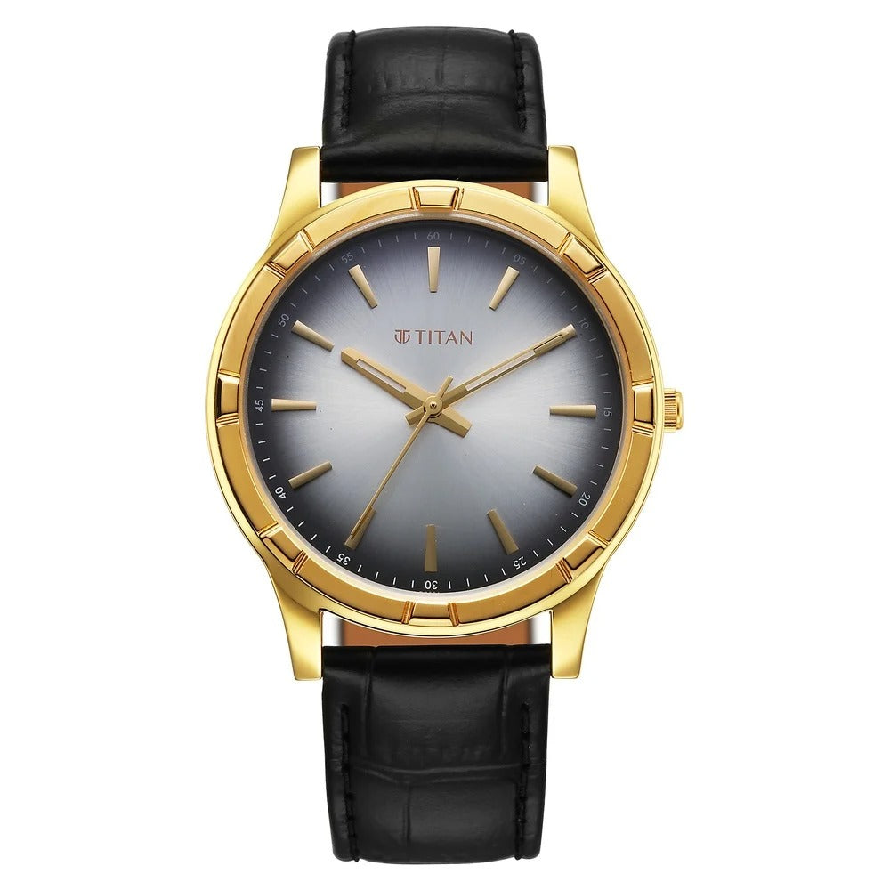 Titan Karishma Festive Analog with Silver Dial Black Leather Strap Watch for Men - 10058YL03