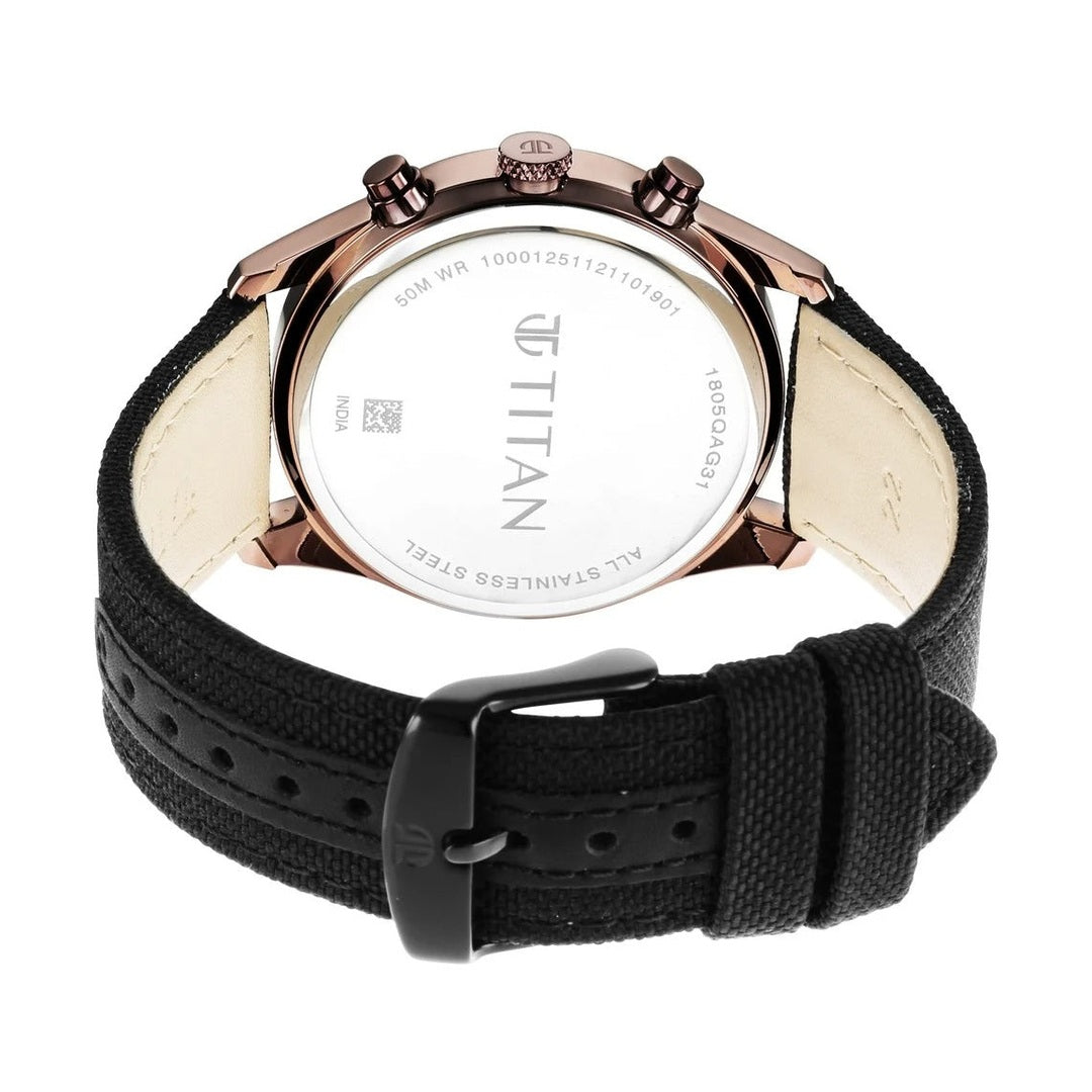Titan Men's Infinity Chrono watch: Precise Blue Dial, Rose Gold Highlights, Durable Leather Strap - NU1805QP01