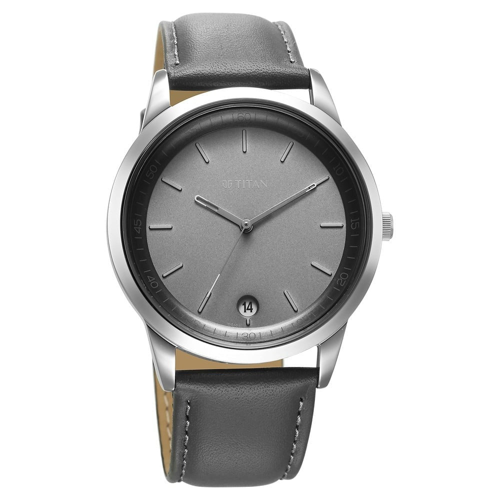 Titan Wrist Wit Quartz Analog with Date Grey Dial Leather Strap Watch for Men - 81806SL13