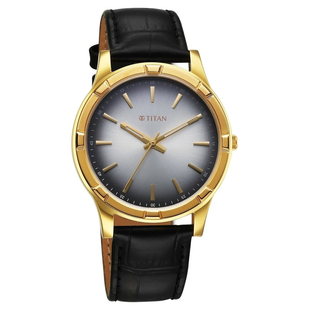 Titan Karishma Festive Analog with Silver Dial Black Leather Strap Watch for Men - 10058YL03