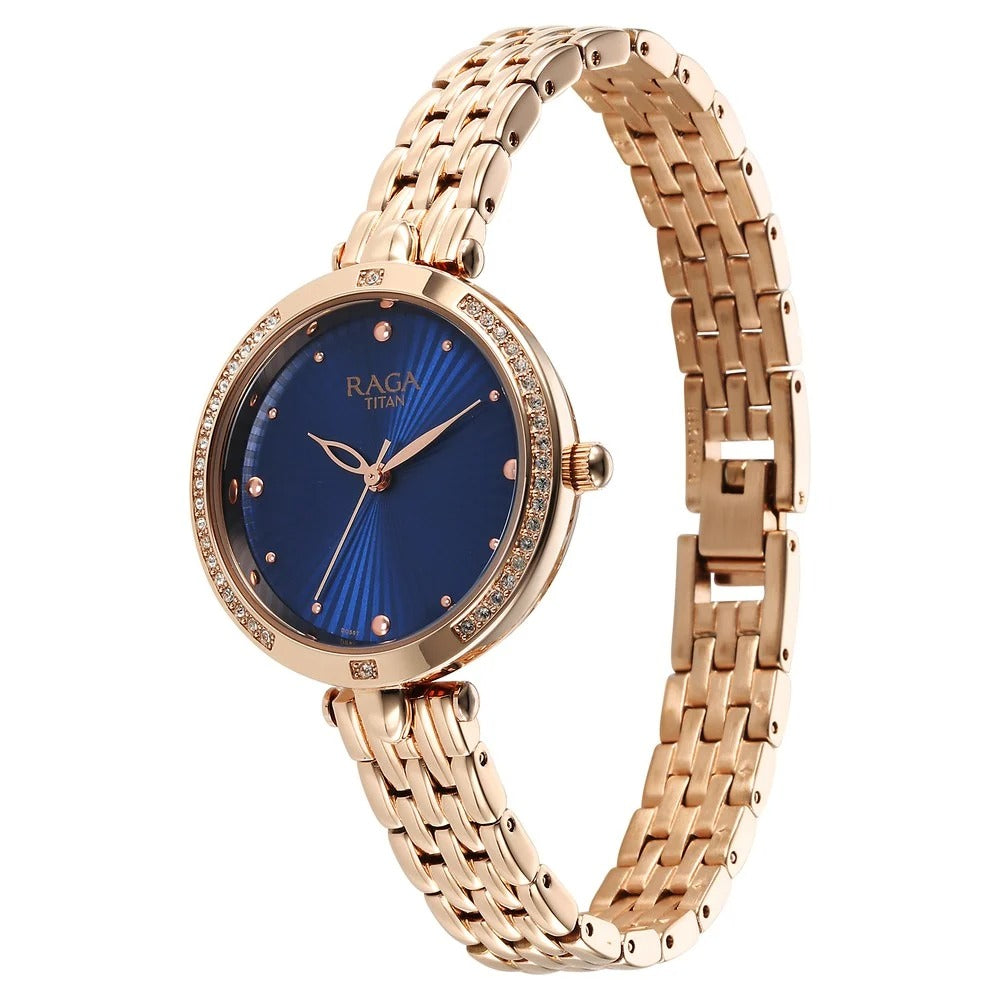 Titan Raga Showstopper Quartz Analog Blue Dial Rose Gold Metal Strap Watch For Women - NU95266WM01